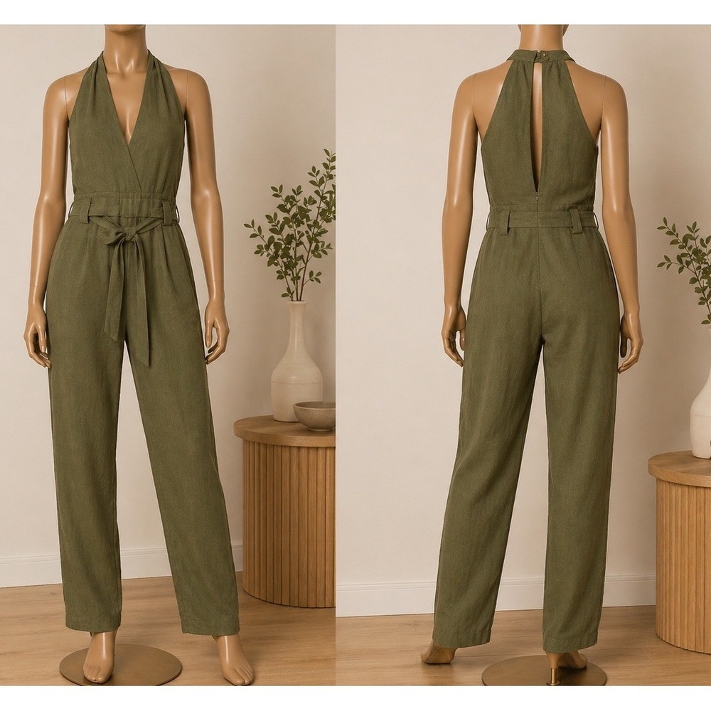Lulus In the City Surplice Jumpsuit Womens Medium Olive Green Lined Sleeveless - Picture 4 of 16